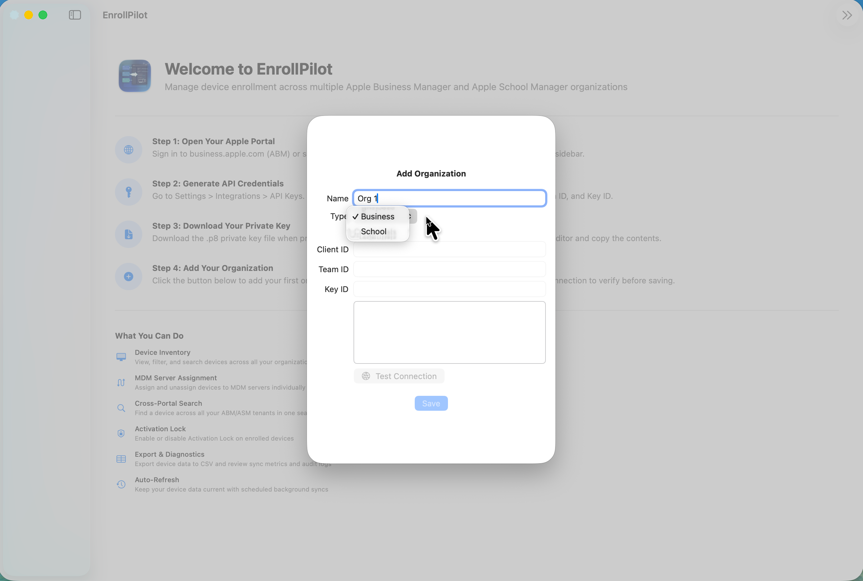 SAB Enroll Hub add organization sheet showing Business or School selection and connection testing before save.