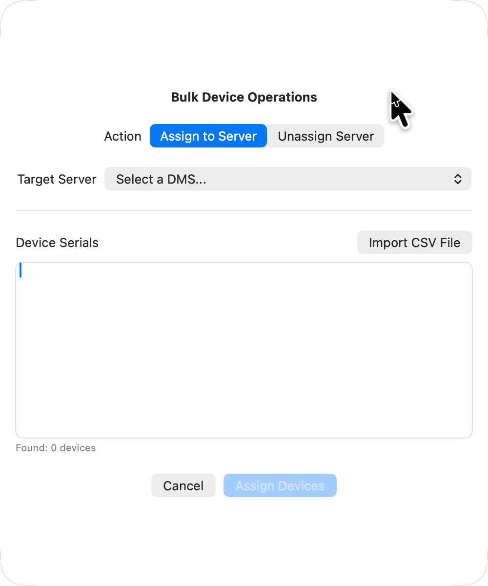SAB Enroll Hub bulk device operations sheet showing assign or unassign server actions for pasted or imported serial numbers.