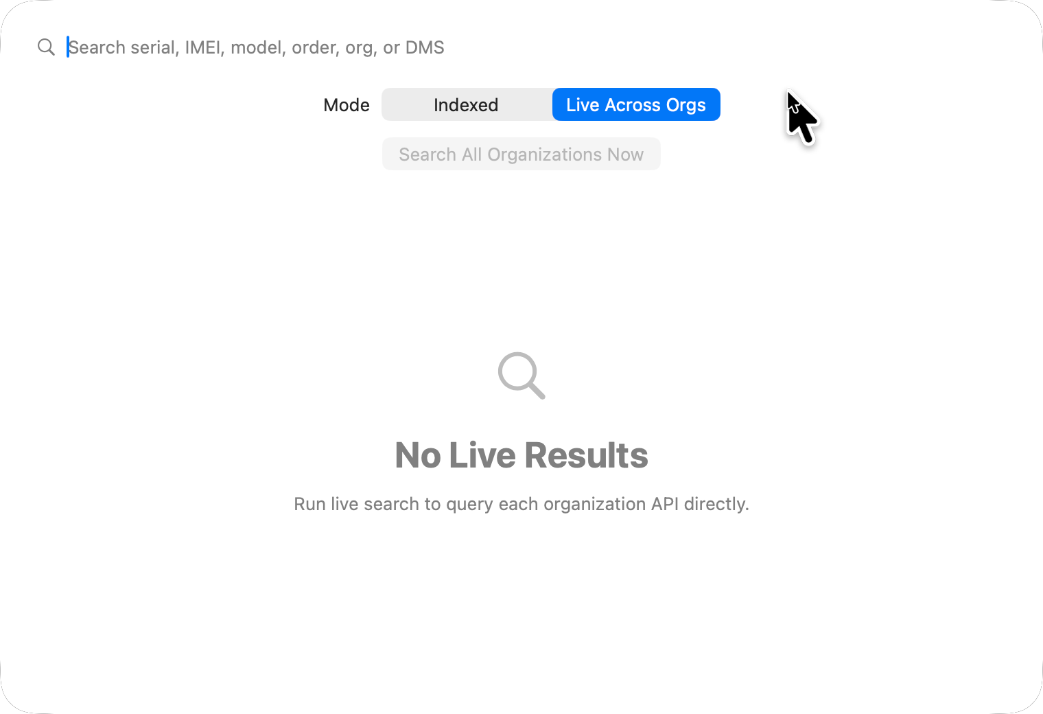 SAB Enroll Hub cross-portal search view with indexed and live-across-orgs search modes.