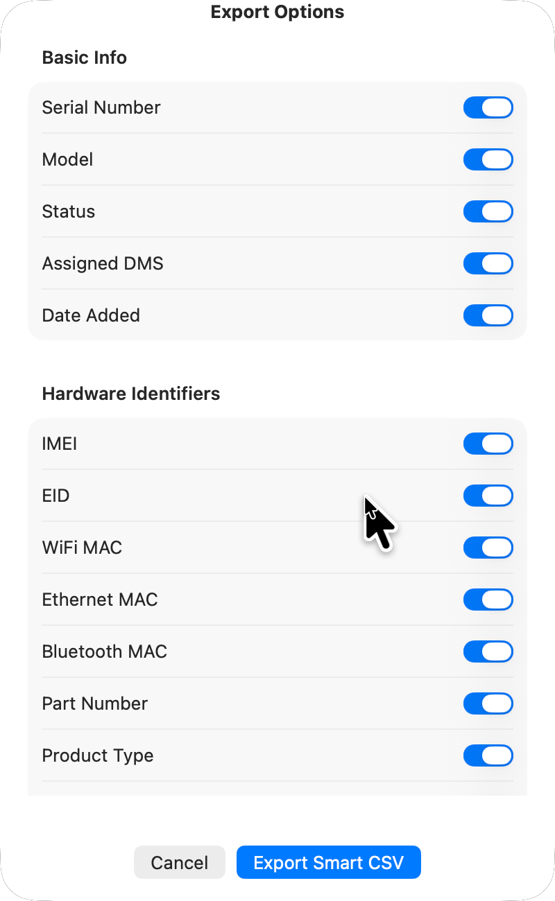 SAB Enroll Hub export options sheet showing selectable device fields for CSV output.