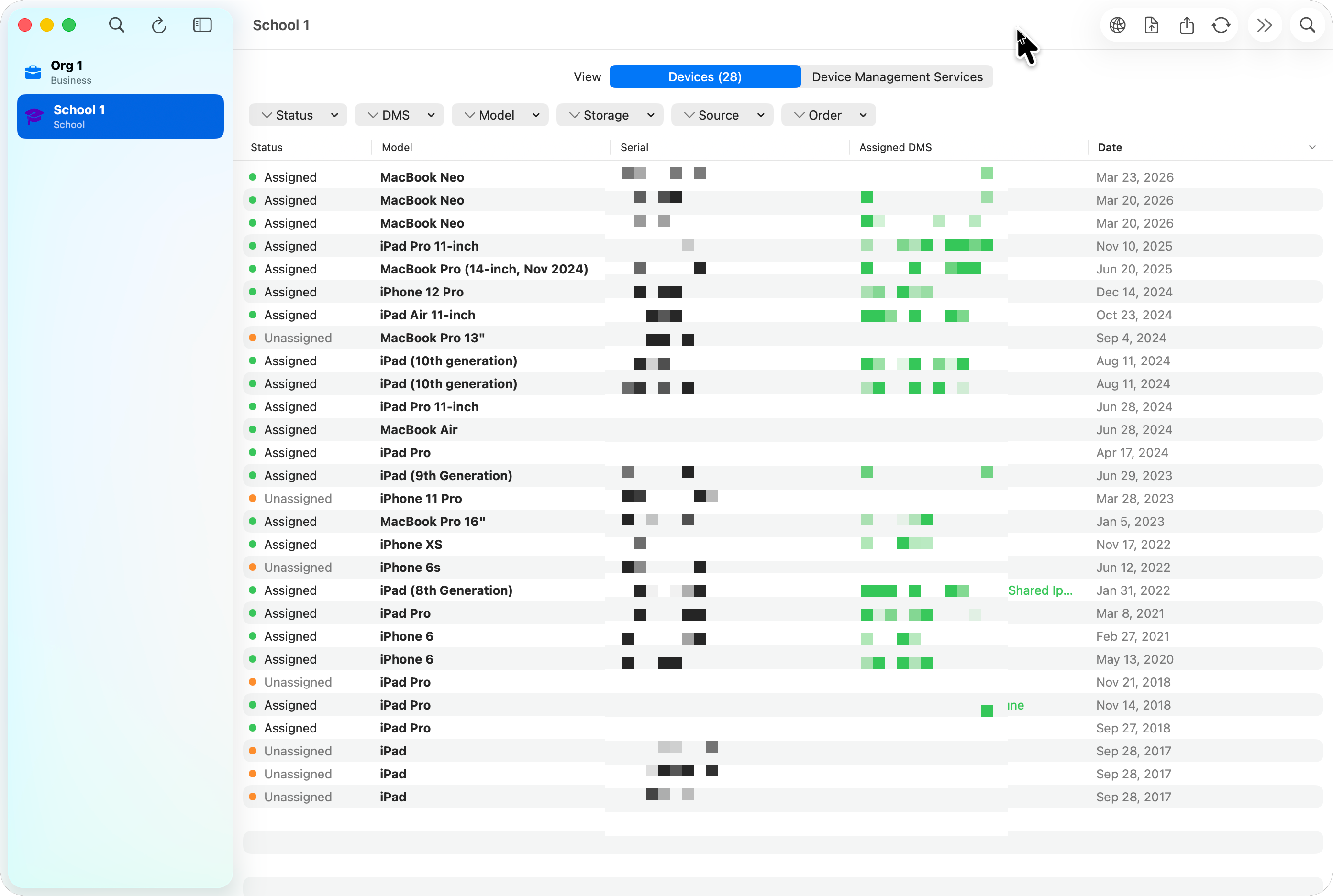 SAB Enroll Hub showing a school organization's device inventory with status, model, serial, assigned DMS server, and enrollment dates.