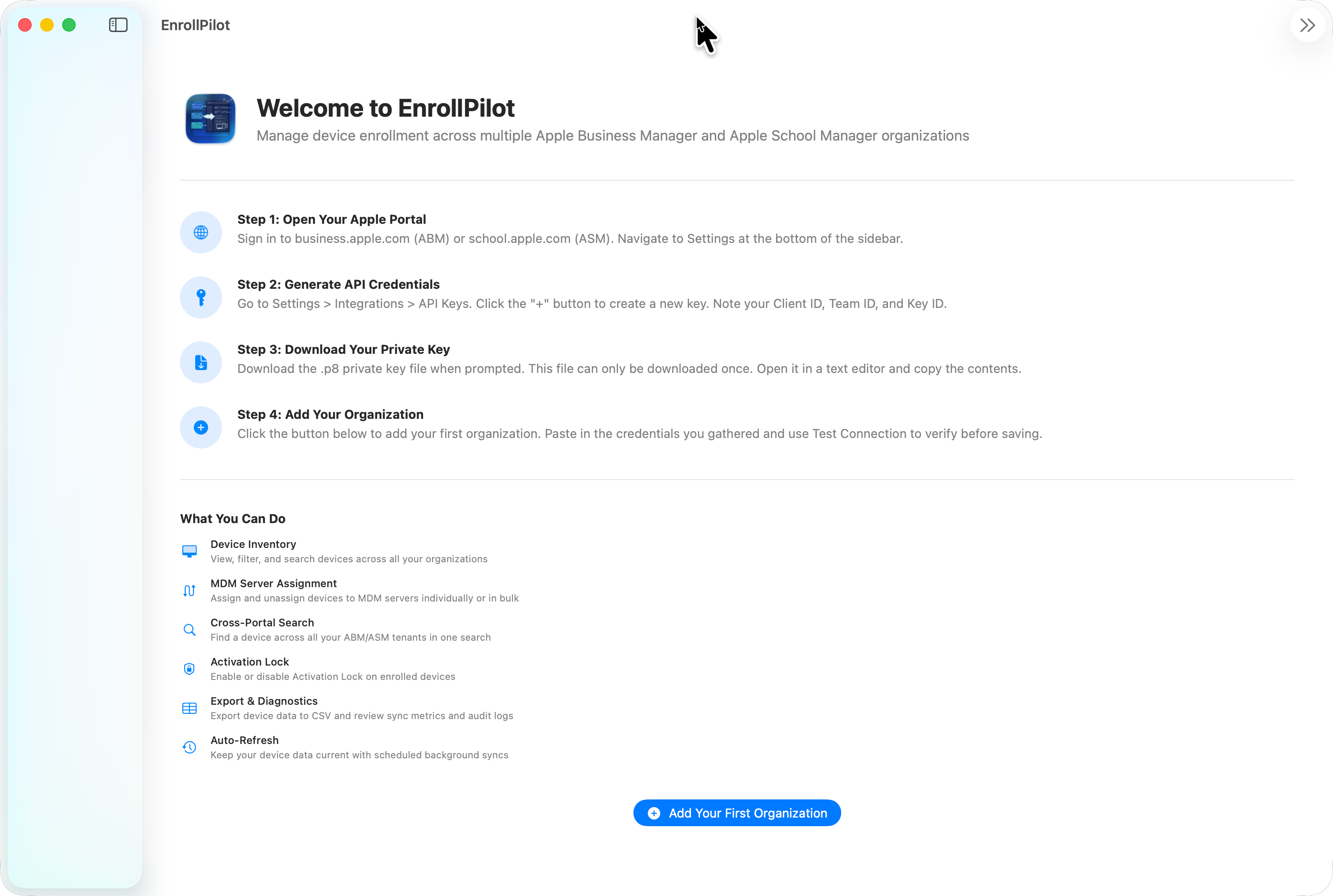 SAB Enroll Hub welcome screen showing first-run setup steps for Apple Business Manager and Apple School Manager credentials.
