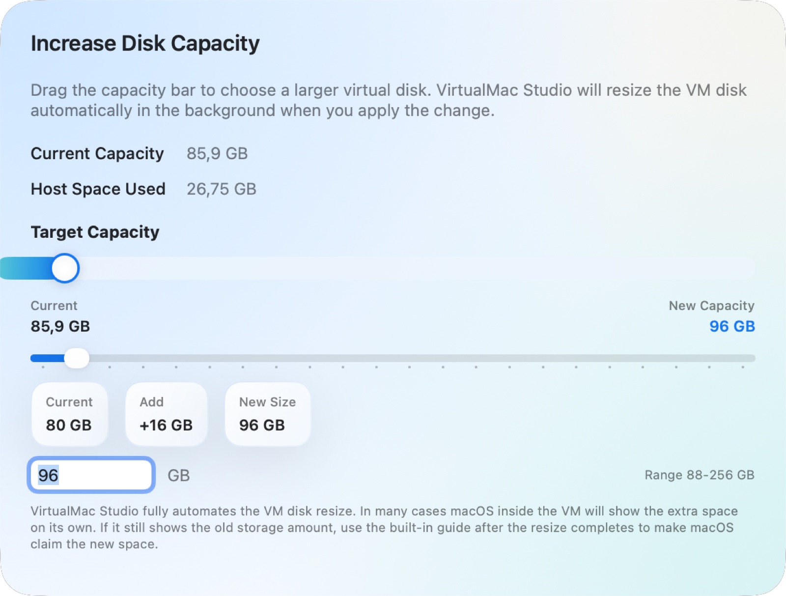 SAB VM Lab increase disk capacity interface for growing guest storage.