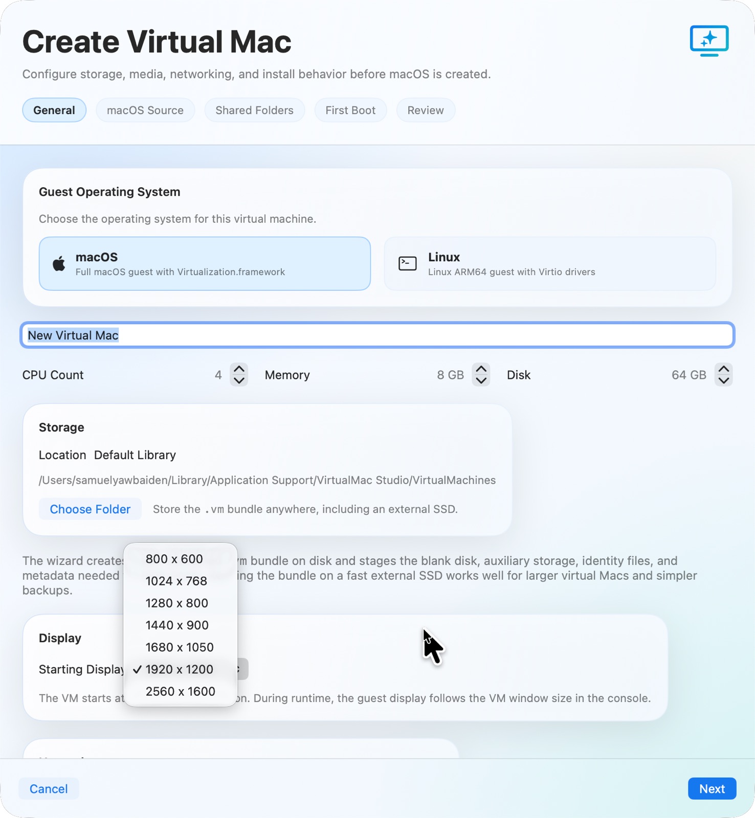 SAB VM Lab create wizard showing the general setup step for a new virtual machine.