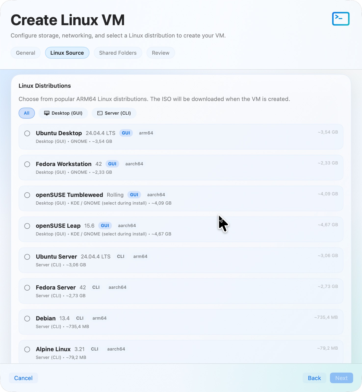SAB VM Lab create wizard showing Linux source selection and Linux guest options.