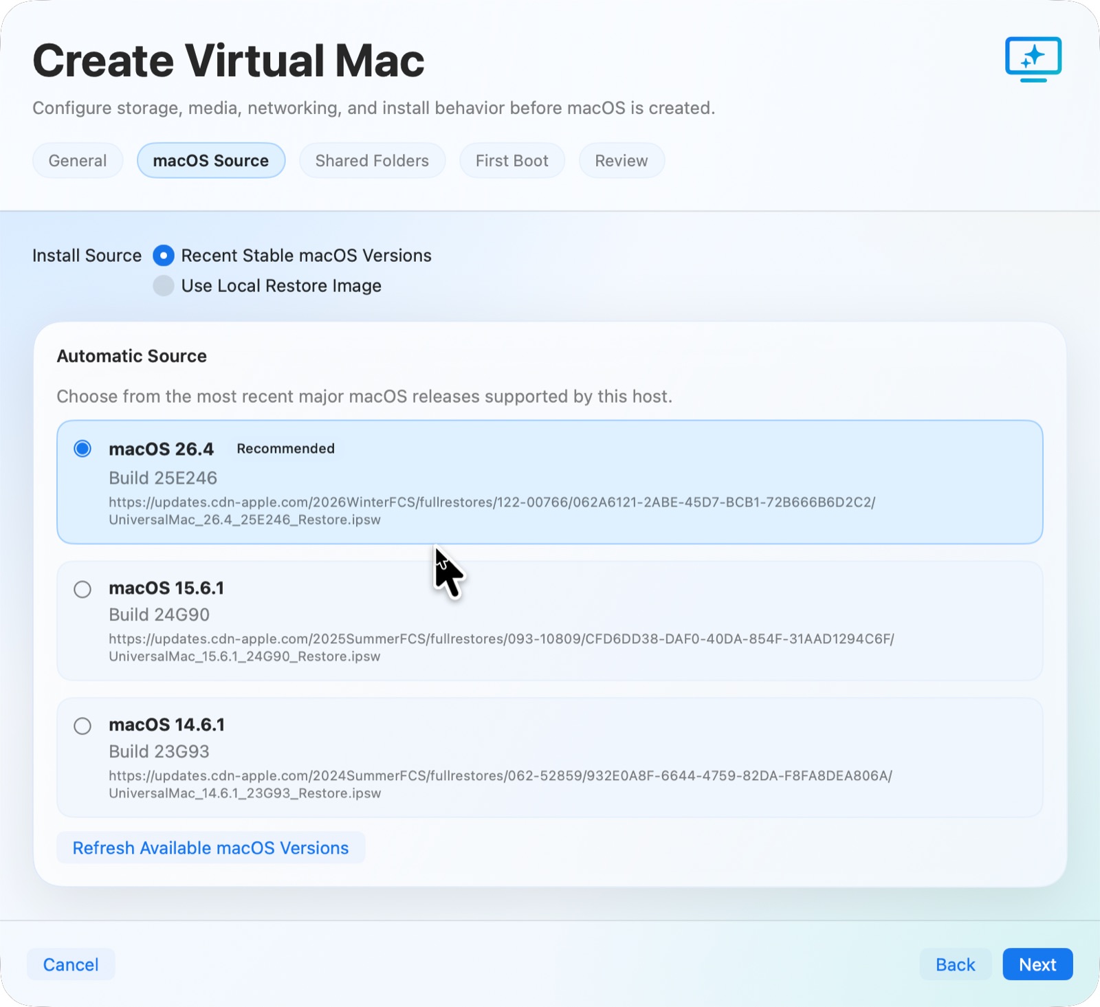 SAB VM Lab create wizard showing macOS source selection for a new VM.