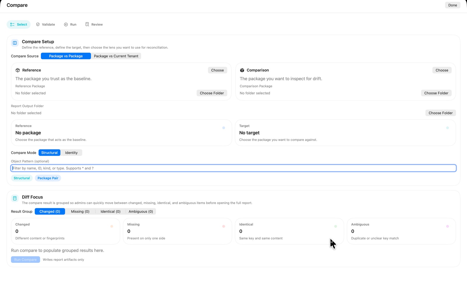 SAB Workspace compare workflow showing configuration comparison between packages or tenants.