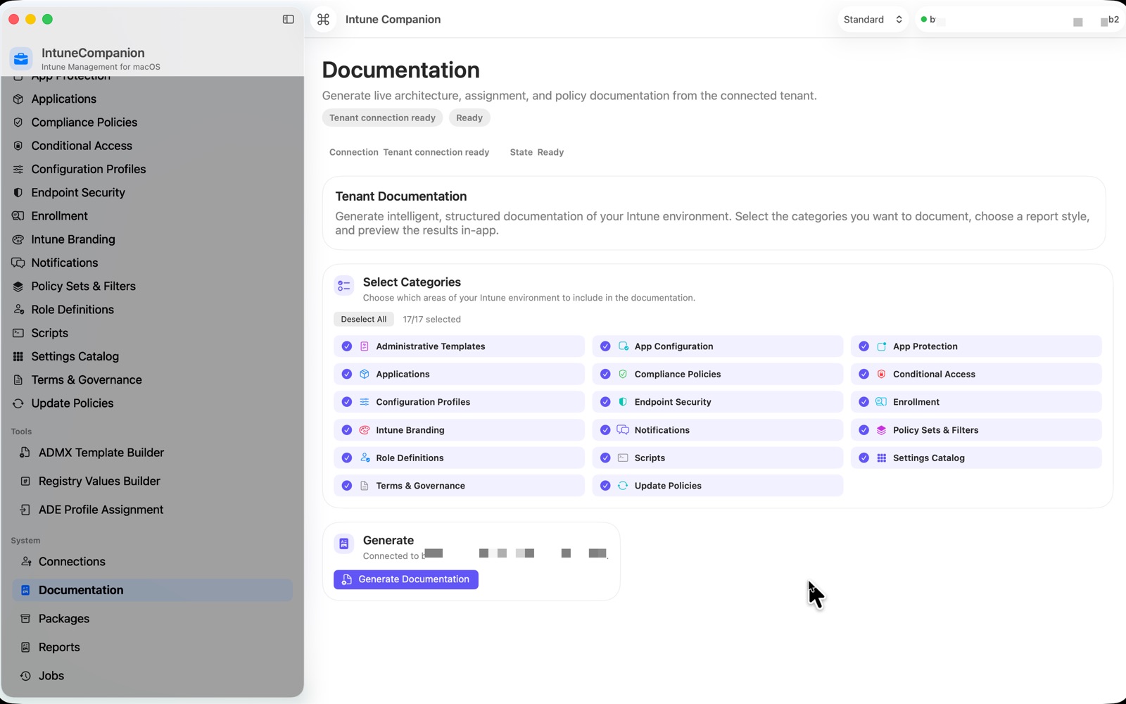 SAB Workspace executive summary output showing report-style documentation generated from tenant data.
