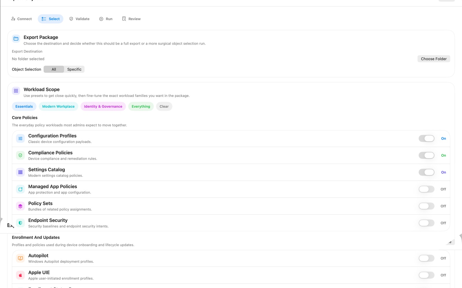 SAB Workspace export workflow for packaging supported Intune and Entra configuration.