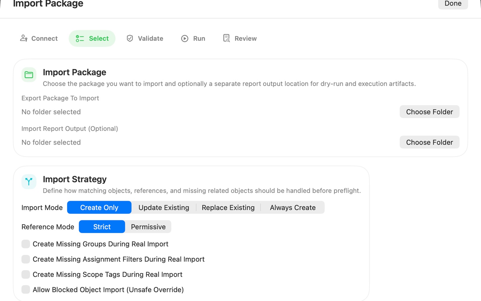 SAB Workspace import workflow showing validation and package import preparation.